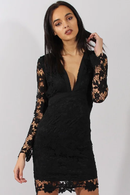 Black Crochet Lace Plunge Dress - Adora