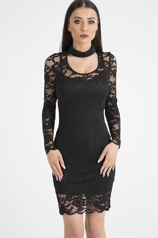 Black Lace High Neck Cut Out Dress - Bailey