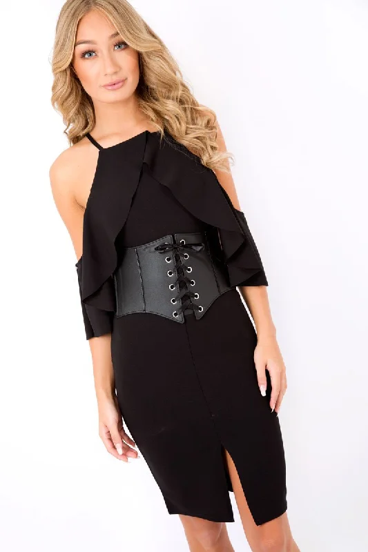 Black Lace Up Corset Belt Dress - Shlya