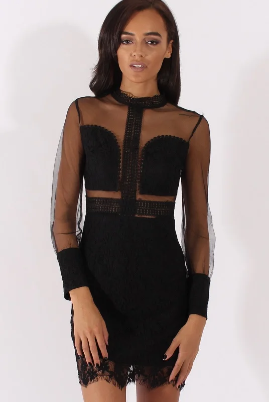 Black Sheer Mesh Lace Detail Dress - Jaylee