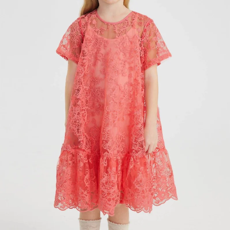 Kids Lace Ruffle Bottom Dress In Salmon