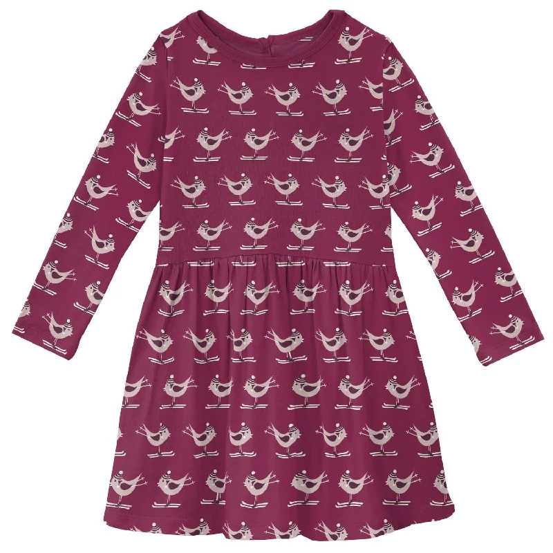 Girls' Bamboo Print Long Sleeve Twirl Dress In Berry Ski Birds