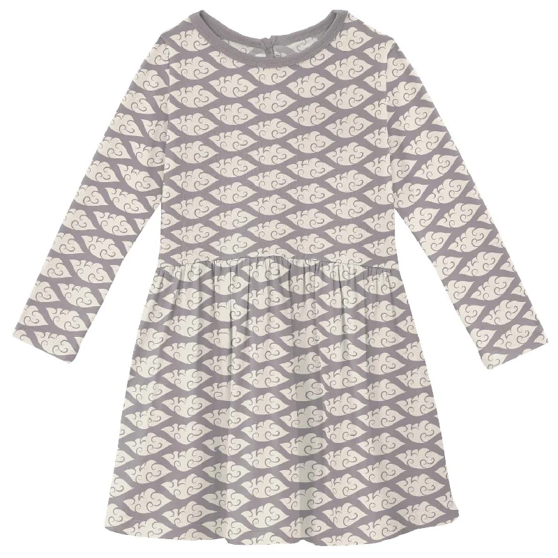 Girls' Bamboo Print Long Sleeve Twirl Dress In Feather Cloudy Sea