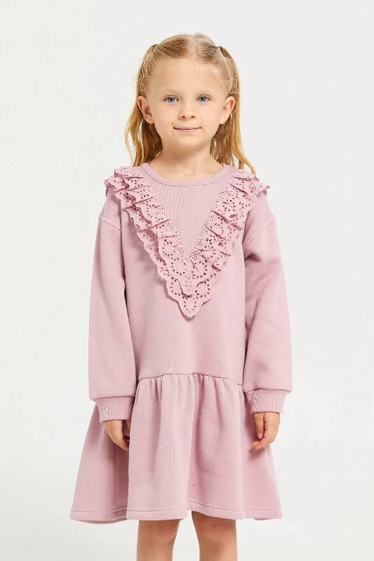 Girls Lilac Schiffly Long Sleeve Dress