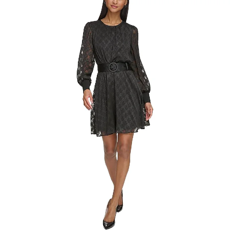 Womens Long Sleeve Metallic Fit & Flare Dress