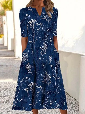 Women Casual Floral Autumn Micro-Elasticity Daily Midi Best Sell H-Line Regular Dress QAH45