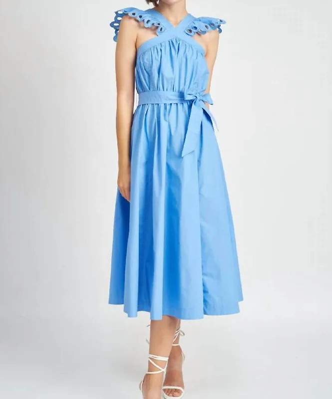 Crista Ruffle Sleeve Midi Dress In Blue