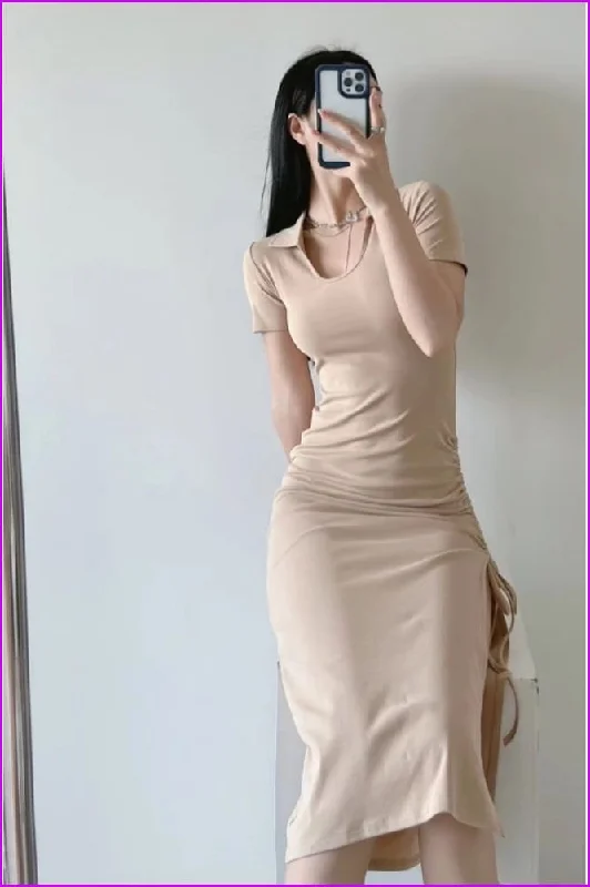 Ladies Solid Slit V Neck Short Sleeve Midi Dress