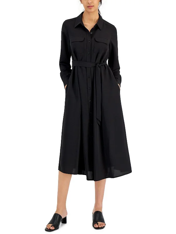 Petites Womens Collared Midi Shirtdress