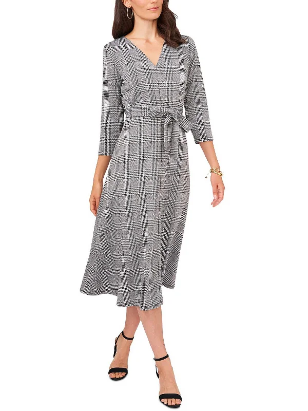 Petites Womens Glen Plaid V-Neck Midi Dress