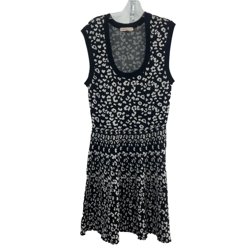 Rebecca Taylor L Black/White Cheetah Print Women Midi Fit & Flare Dress Viscose