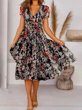 Women's A Line Dress Midi Dress Short Sleeve Loosen Floral Print Spring Summer V Neck Elegant Casual Vacation Midi Dress MMr57