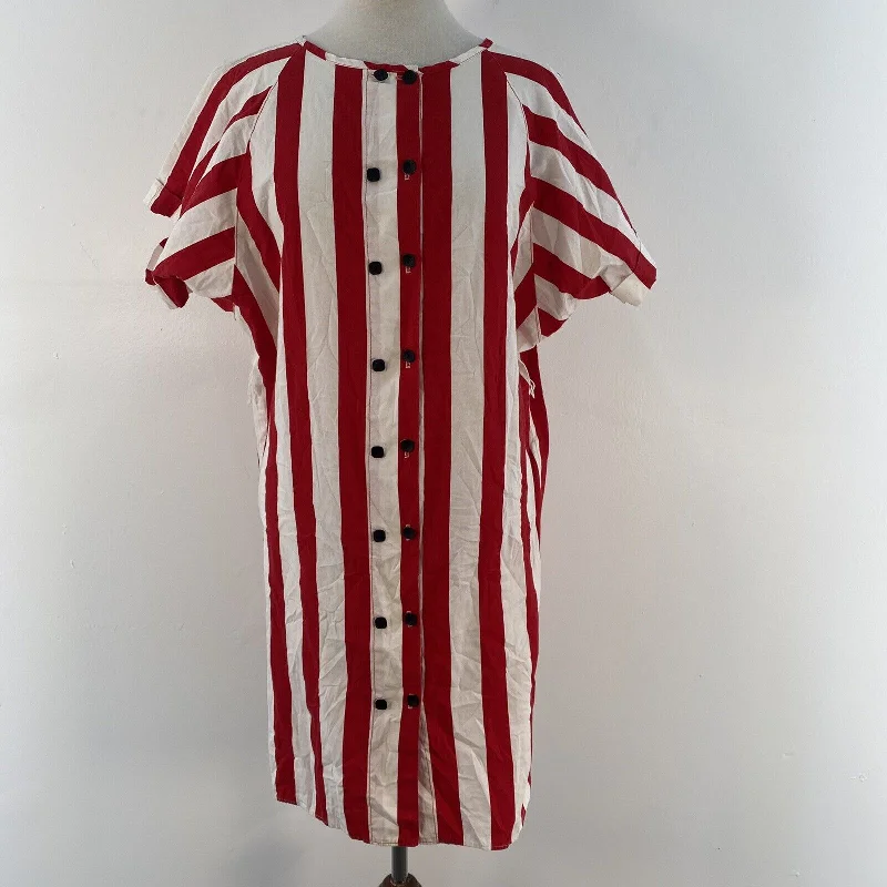 VTG 80s ILGWU Lisa Jo Red White Vertical Striped Button Down Midi Dress Womens 7