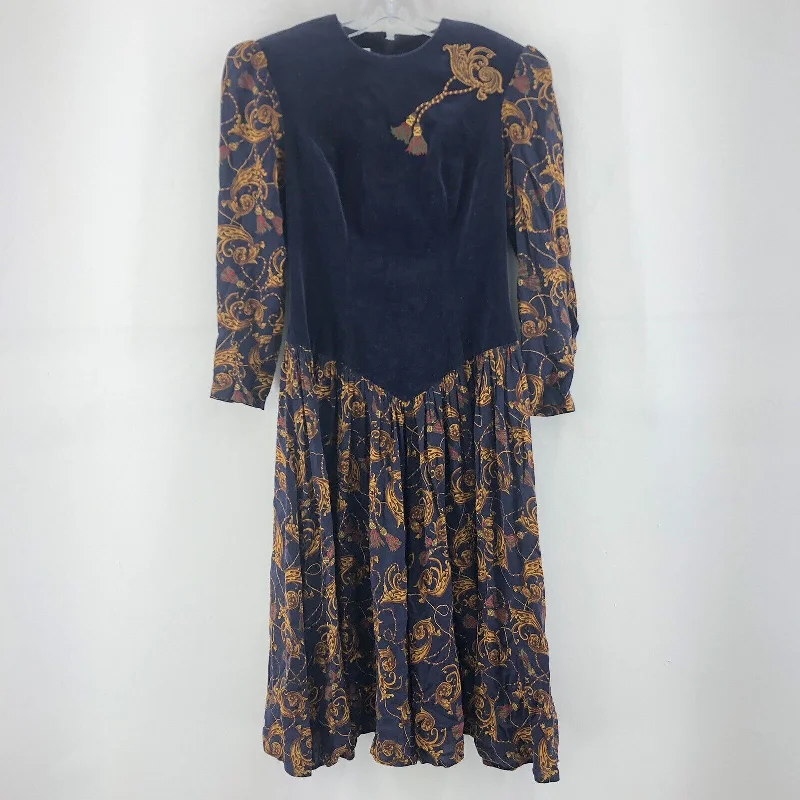 VTG Donna Morgan Navy Paisley Padded Shoulder A Line LS Midi Dress Women 5/6