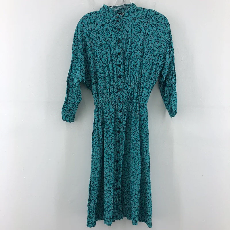 VTG USA Laine Blue Static Design Button Up LS A-Line Midi Dress Women Size 7/8