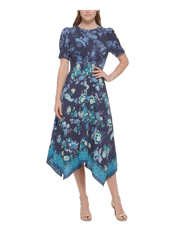 Womens Floral Print Puff Sleeve Midi Dress