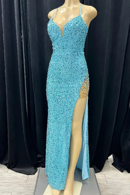 Blue Mermaid Sequins Deep V Neck Lace-Up Long Prom Dress with Slit