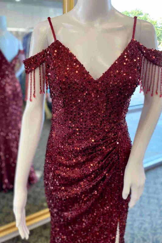 Burgundy Sequines Fringe Shoulder Pleated Long Prom