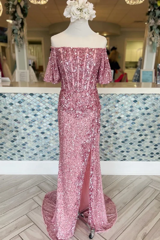 Dusty Rose Off-the-Shoulder Beaded Sequins Long Prom Dress