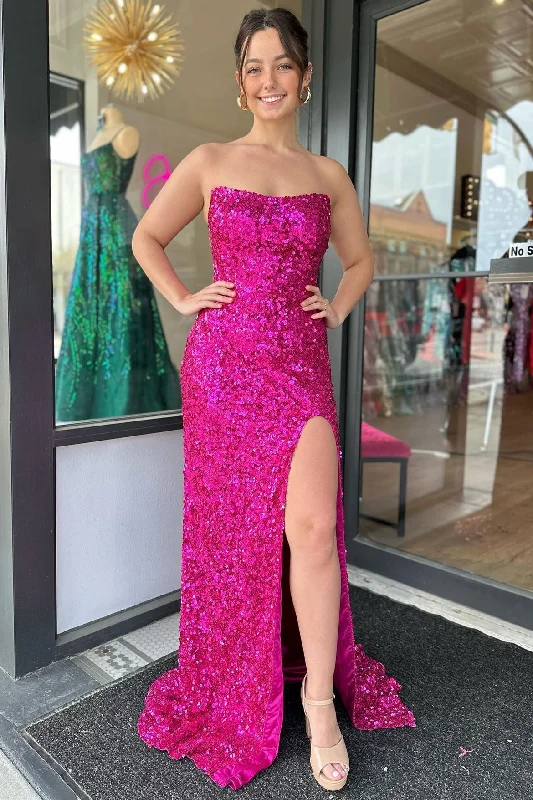 Fuchsia Strapless Sequins Long Prom Dress with Slit