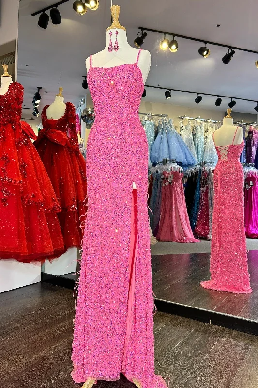 Hot Pink Fitted Sequins Slit Long Prom Dress with Feathers