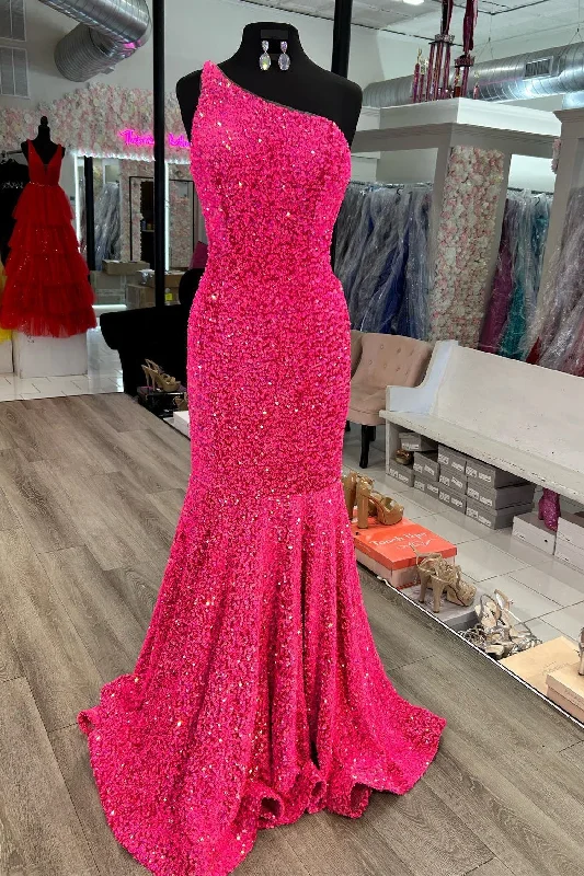 Hot Pink Mermaid One Shoulder Sequins Prom Dress with Rhinestones