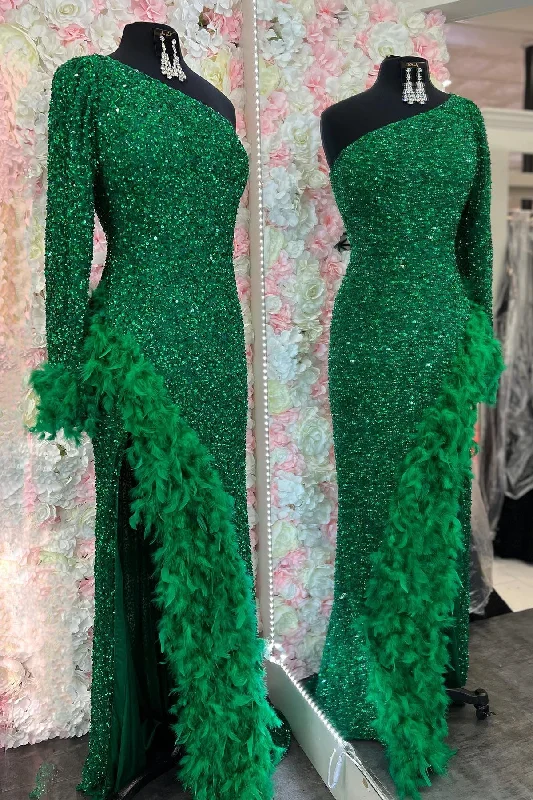 Hunter Green One Shoulder Sequins Slit Prom Dress with Feathers