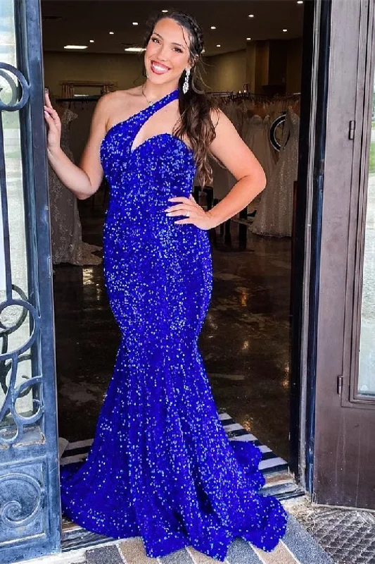 Mermaid One Shoulder Royal Blue Sequin Prom Dress