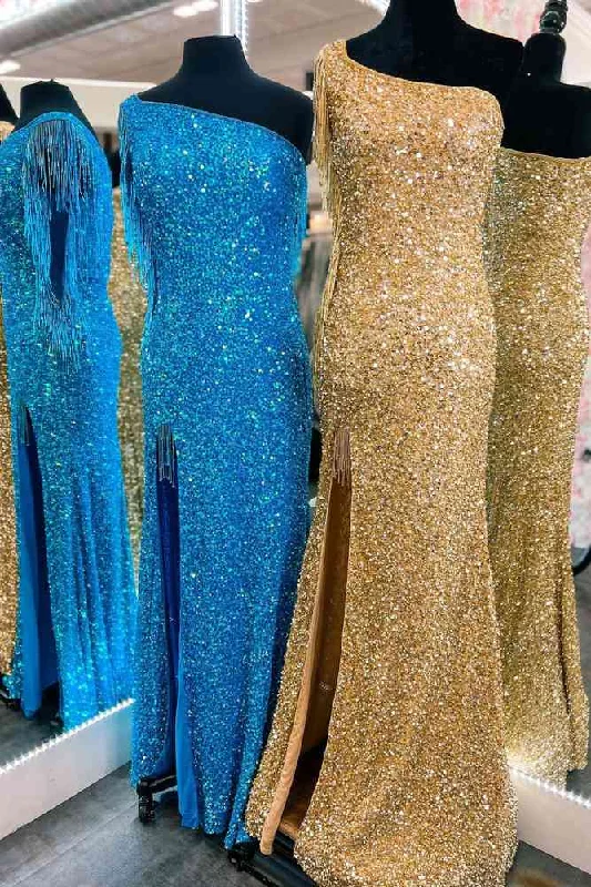 Mermaid One Shoulder Sequins Long Prom Dress with Fringe Sleeves