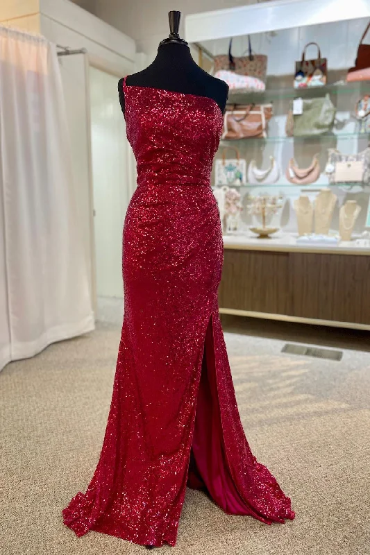 Mermaid One Shoulder Sequins Long Prom Dress with Slit