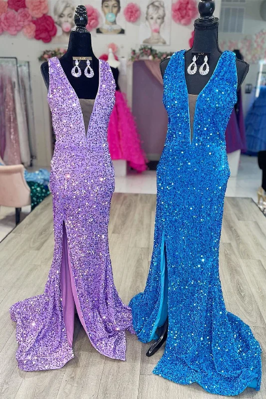 Plunging V-Neck Sequins Meramid Long Prom Dress with Slit