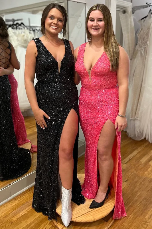 V-Neck Fitted Lace-Up Back Sequins Long Prom Dress with Slit